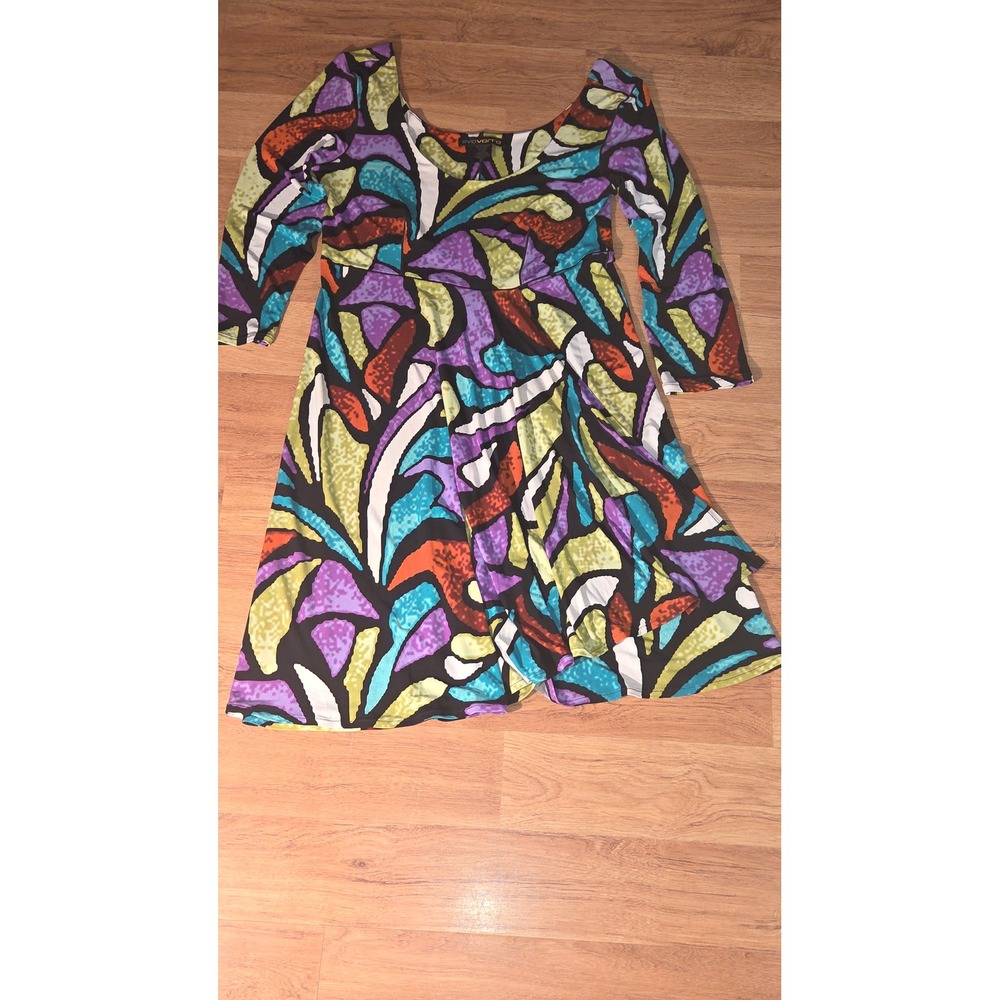 Eva Varro Women Small Abstract Stained Glass Print Scoop Neck A-Line Dress USA